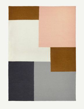 Wollteppich mit grafischem Muster aus Kontrastfarben Orange, Grau, Braun und Schwarz