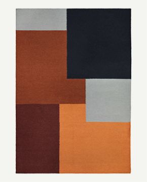 Wollteppich mit grafischem Muster aus Kontrastfarben Orange, Grau, Braun und Schwarz