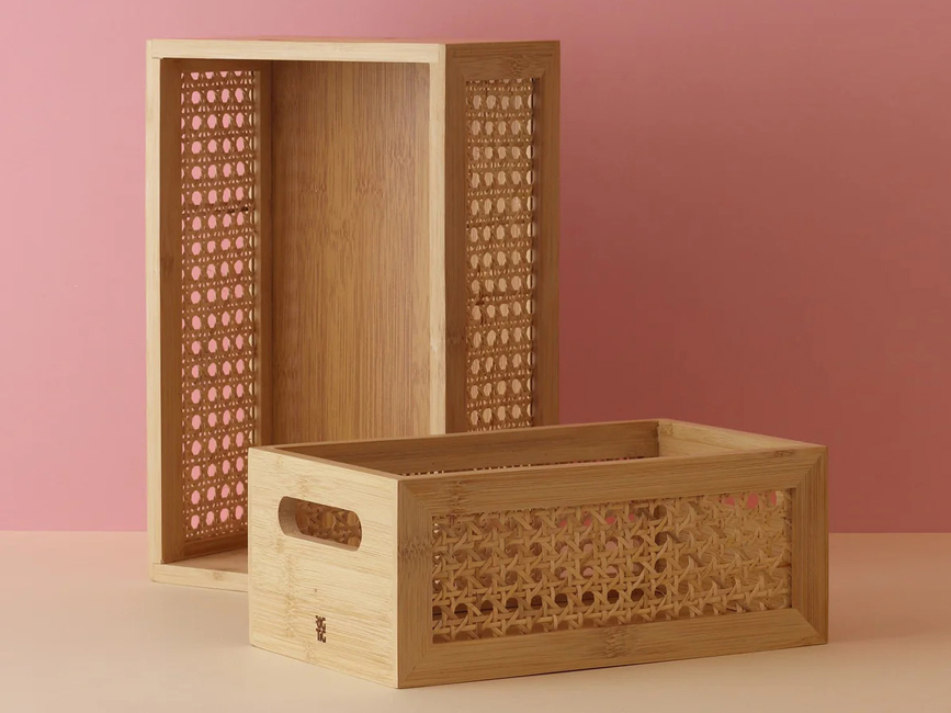 Aufbewahrungsbox 20cm aus nachhaltigem Bambus und einem traditionellen Geflecht mit Griffen