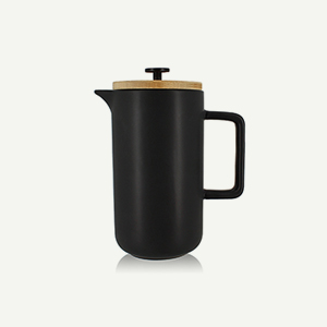 French Press Kaffeekanne in Schwarz aus Keramik mit Holzdeckel