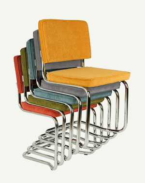 Freischwinger Stuhl mit Polsterung aus Cord in Senfgelb und Orange