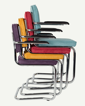 Freischwinger Stuhl mit Polsterung aus Cord in bunten Farben mit Lehne